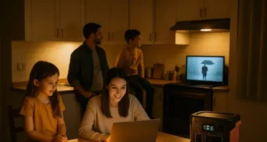 A family at home during a power outage